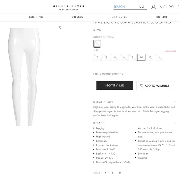 Alice + Olivia Maddox Vegan Leather Off White Skinny Legging Pant - Picture 3 of 16